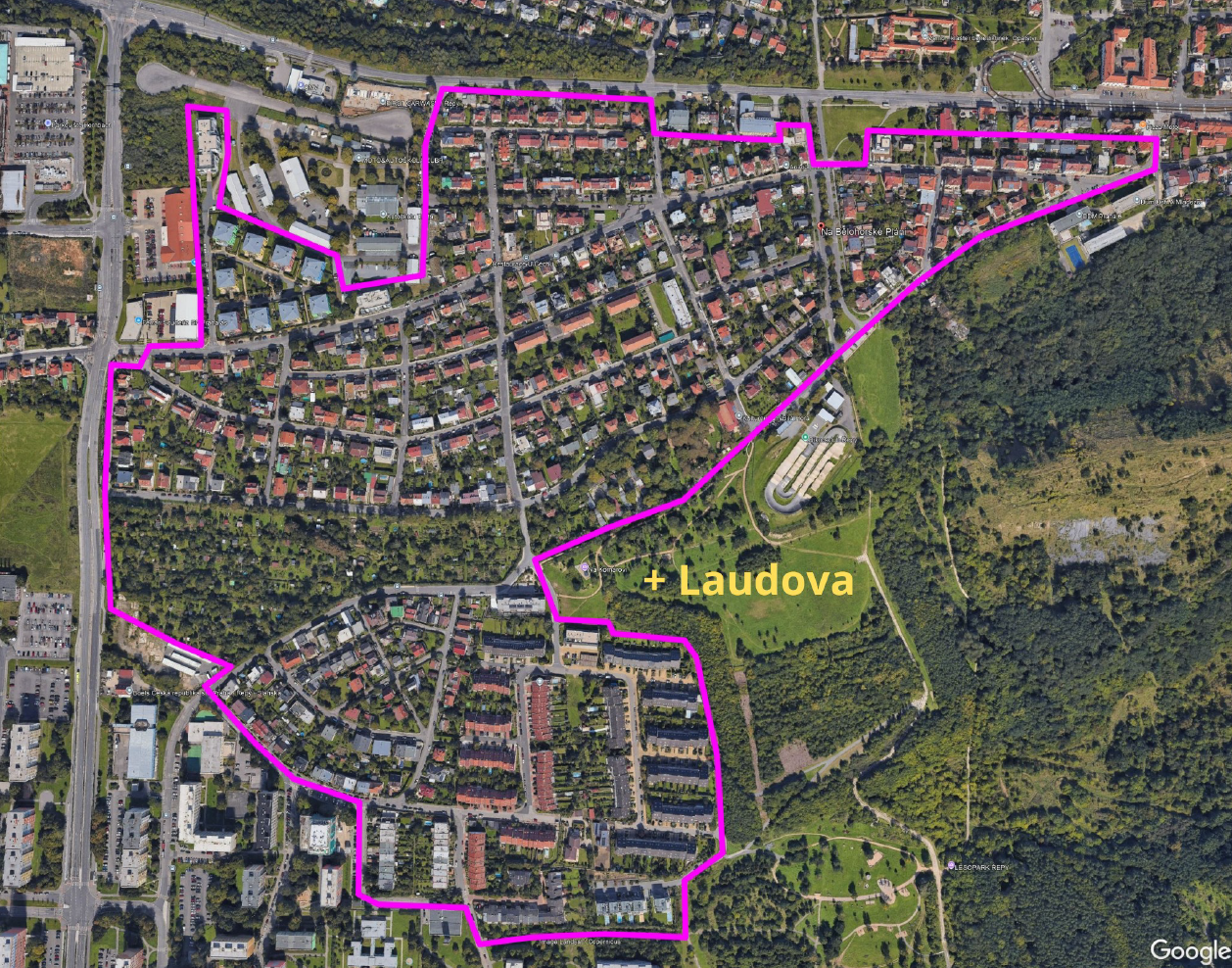 Mapa lokality horní Řepy, která znázorňuje oblast, v které je možné žádat o výjimku  přechodné místní úpravy provozu stanovené opatřením obecné povahy Čistovická a okolí (v čase 06:00-10:00)