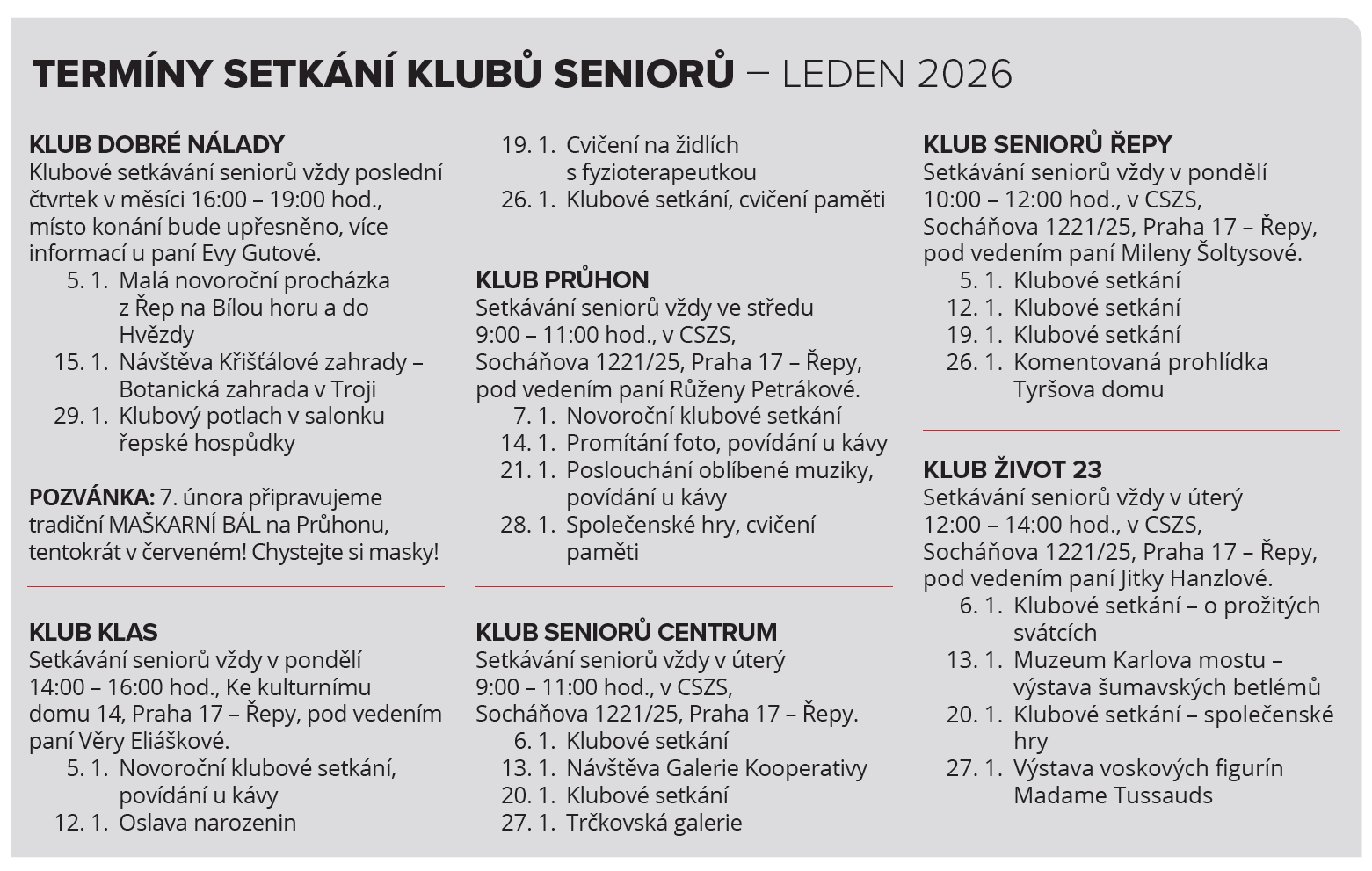 Termíny setkání klubu seniorů - leden 2026