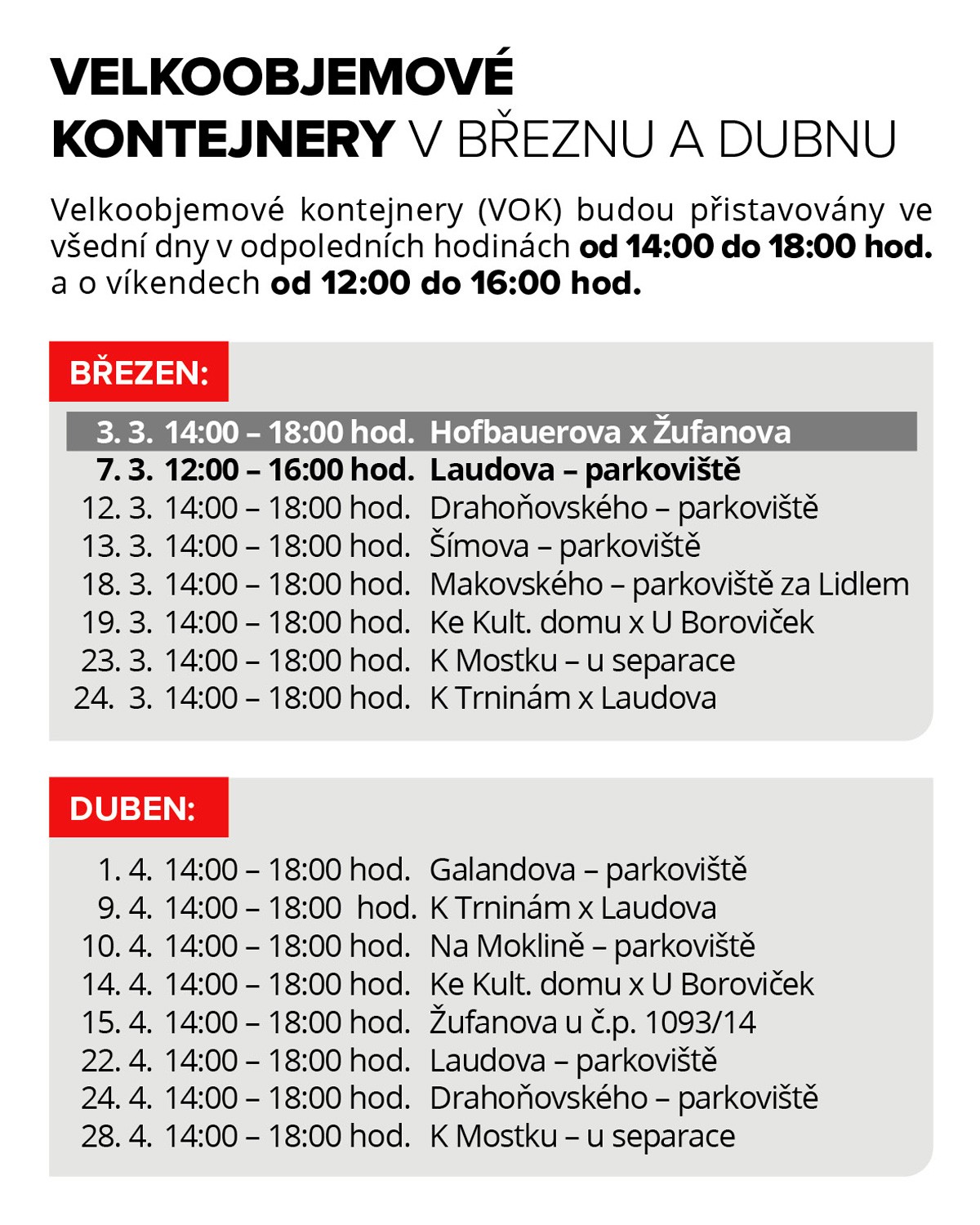 Velkoobjemové kontejnery v březnu a dubnu