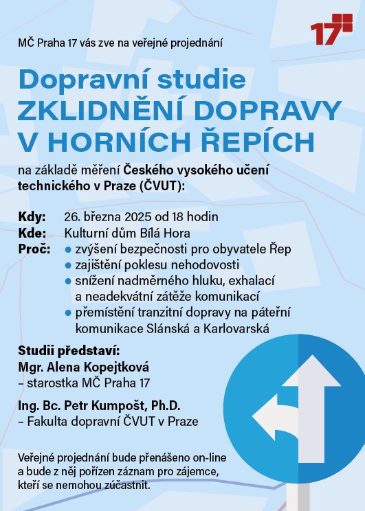 Pozvánka na projednání dopravní studie zklidnění dopravy v horních Řepích na základě měření ČVUT