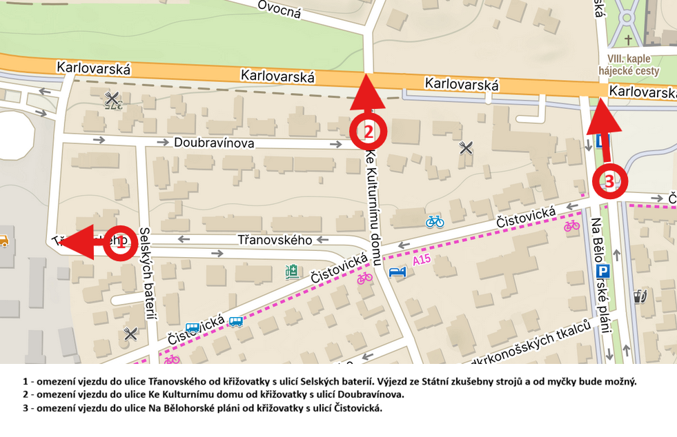 Mapa umístění svislého dopravního značení a neprůjezdných úseků. 1.Třanovského - omezení vjezdu na ulici Karlovarská od křižovatky s ulicí Selských baterií. Výjezd ze Státní zkušebny strojů a od myčky bude možný. 2. Ke Kulturnímu domu - omezení vjezdu na ulici Karlovarská od křižovatky s ulicí Doubravínova. 3. Na Bělohorské pláni - omezení vjezdu na ulici Karlovarská od křižovatky s ulicí Čistovická.