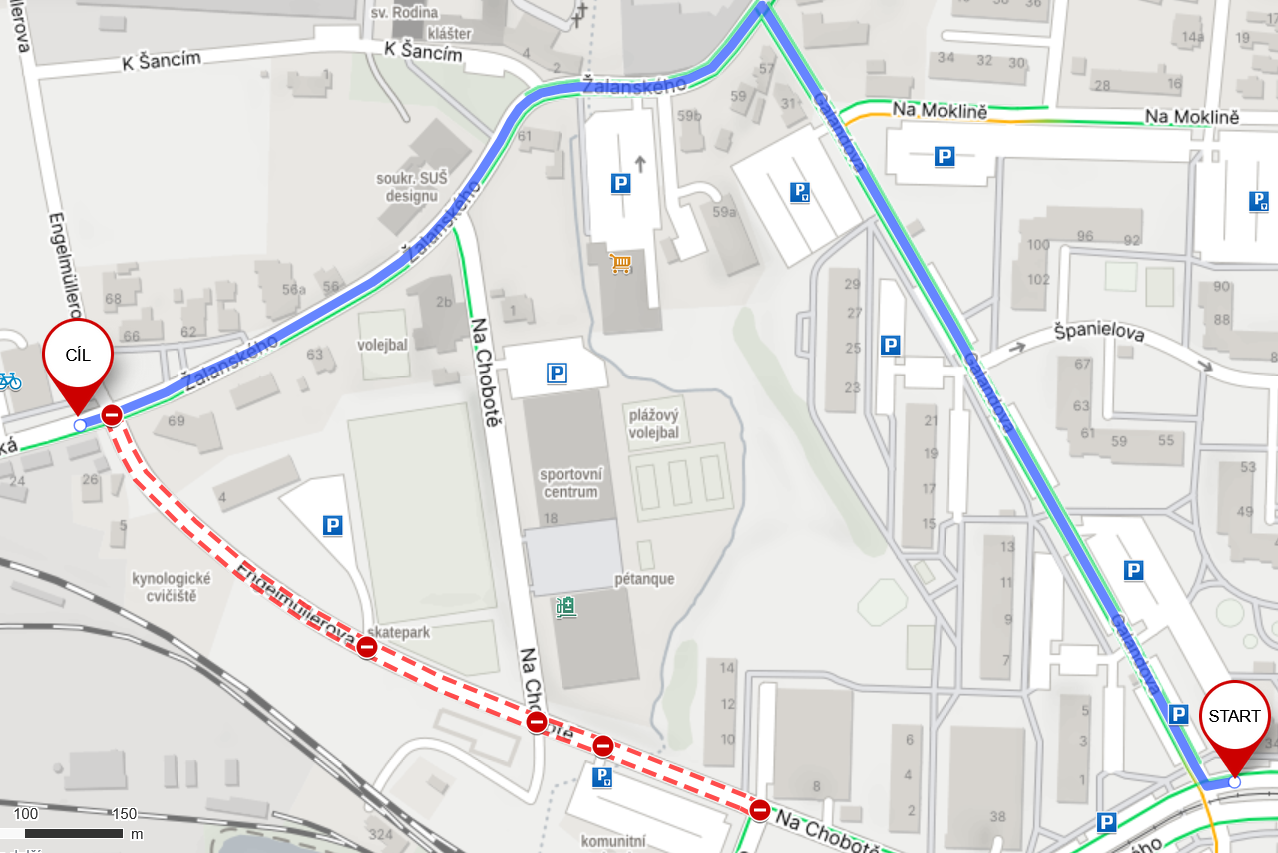 objízdná trasa při uzavření křižovatky Enegelmüllerova a Na Chobotě vede přes ulici Galandova a Žalanského