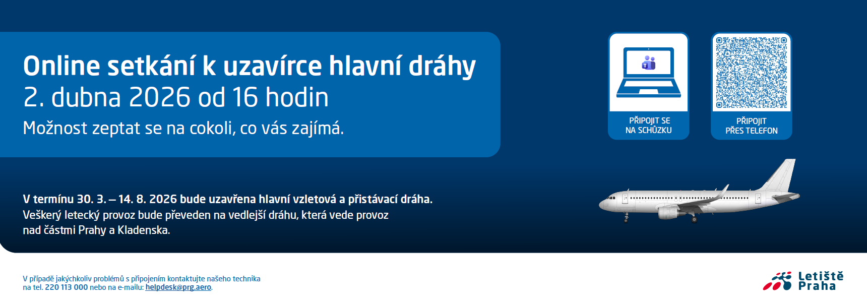 Letiště Praha: On-line setkání k uzavírce hlavní dráhy - 2. dubna 2026 od 16:00 hodin