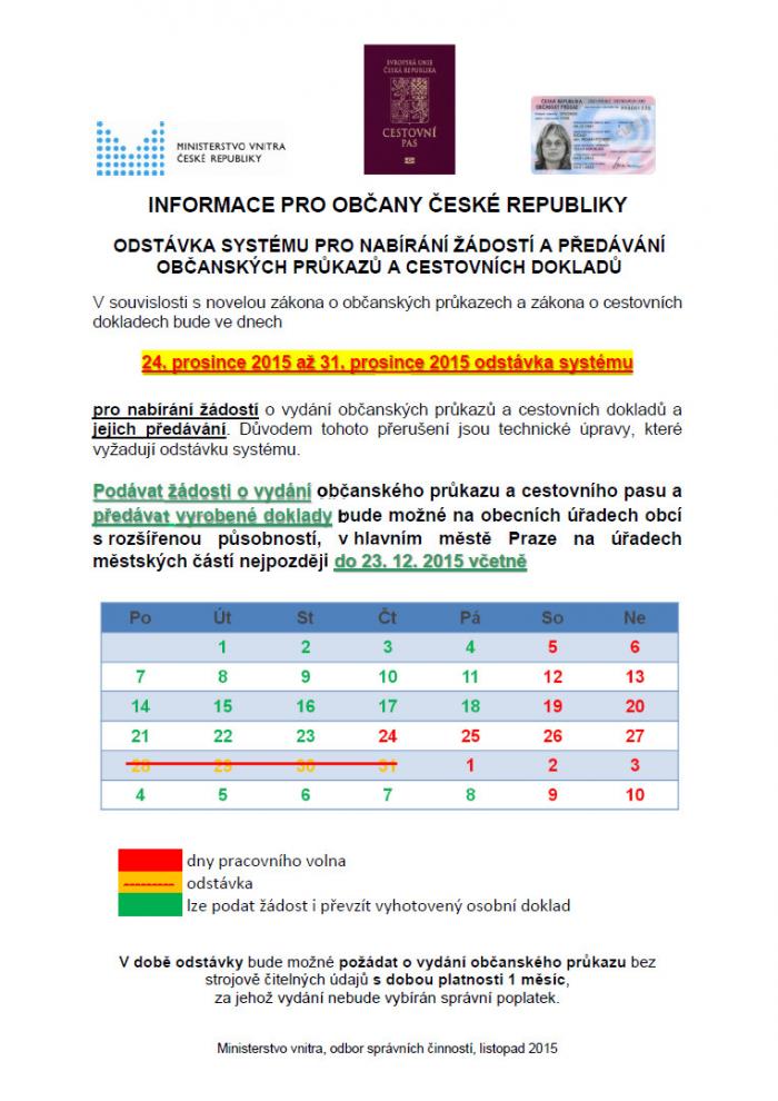 Odstávka systému pro nabírání žádostí a předávání občanských průkazů a cestovních dokladů