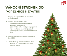 Vánoční stromky do popelnice nepatří. Vánoční stromky nepatří do nádob na směsný odpad. Vánoční stromky odkládejte: k nádobám na tříděný odpad na veřejném prostranství, pokud máte volně přístupnou popelnici nebo kontejner na směsný odpad (sídliště), lze stromky volně odložit vedle nich. Svoz stromků bude probíhat celý leden a únor 2026. Umělé stromky patří do sběrného dvora, nepatří do nádob na tříděný nebo směsný odpad.